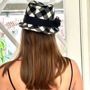 Black/ White Buffalo Checked Fedora ,Hat Band/attached Flowers, Women’s Size Sm